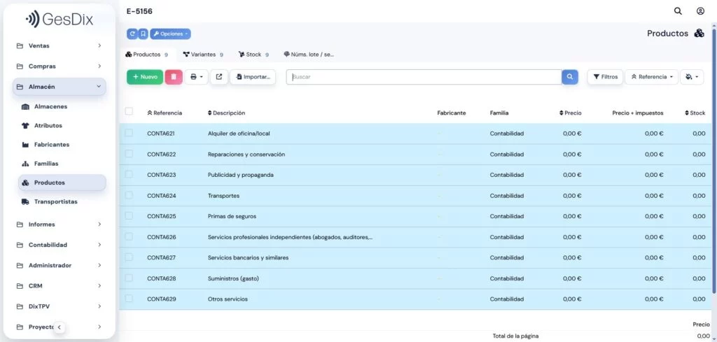 Listado de productos del almacén en GesDix