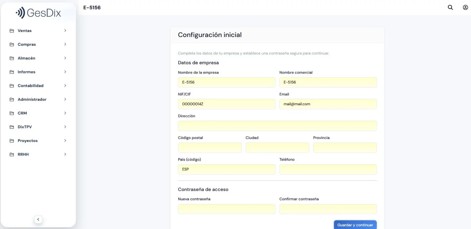 Pantalla de configuración inicial de GesDix