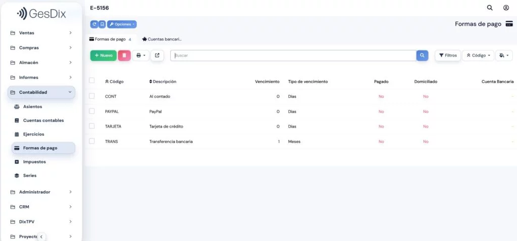 Formas de pago en el módulo de contabilidad de GesDix