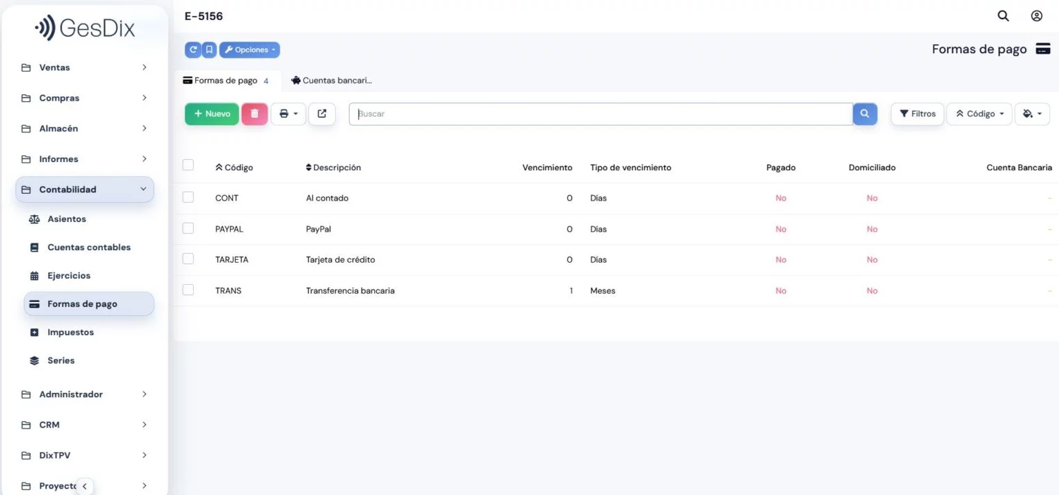 Formas de pago en el módulo de contabilidad de GesDix