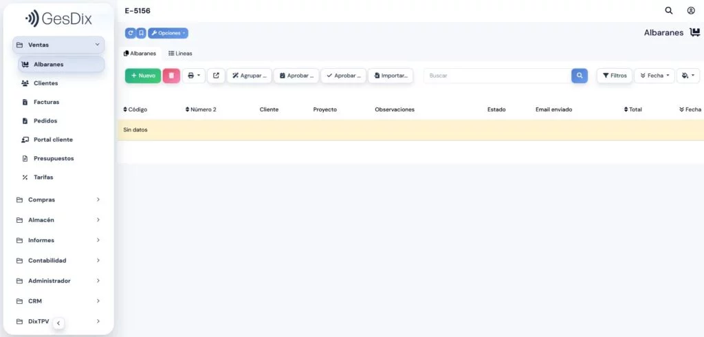 Pantalla de albaranes de ventas de GesDix